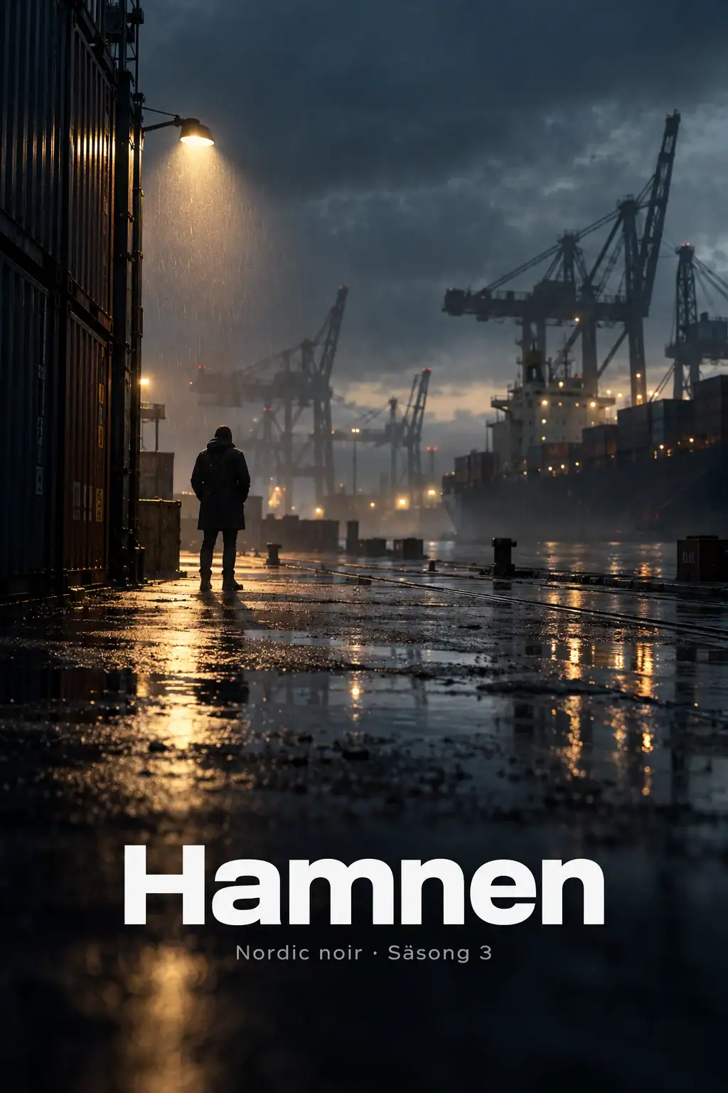 Nordic IPTV – nordic noir-serie, regnig hamn i skymning
