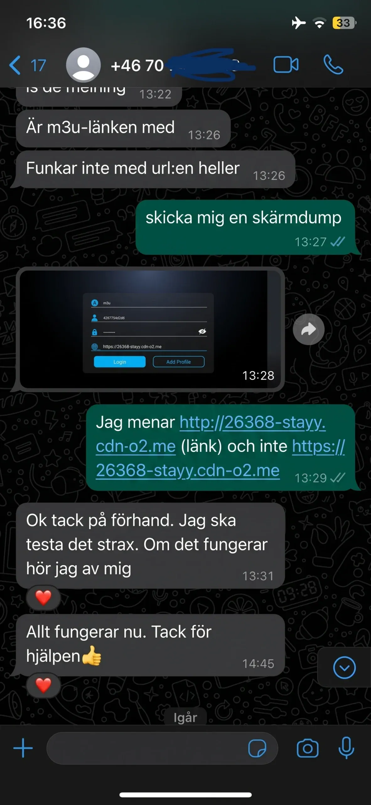 Kundkonversation med Nordic IPTV-support – inloggningsproblem löst, kunden tackar för hjälpen