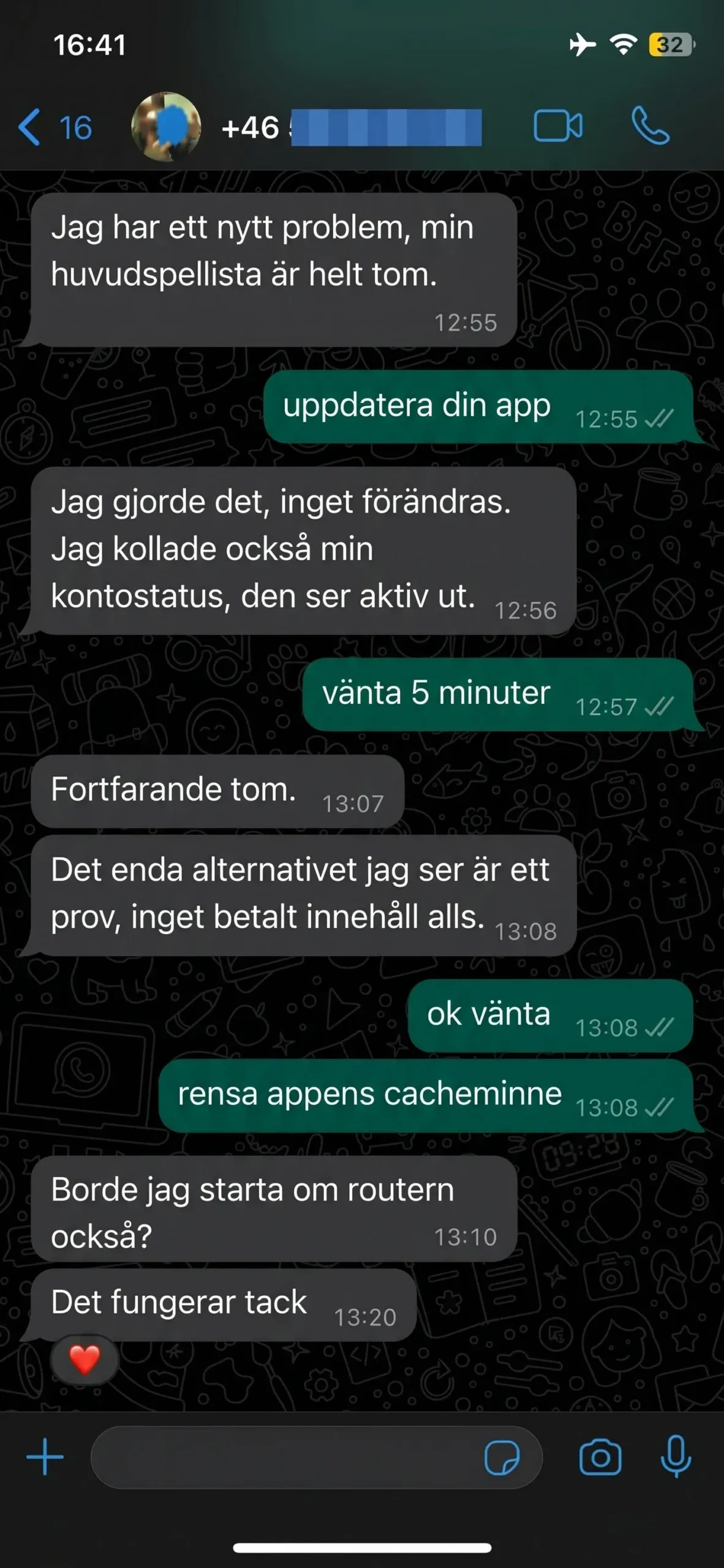 Nordic IPTV-support löser tom spellista – kunden skriver Det fungerar tack