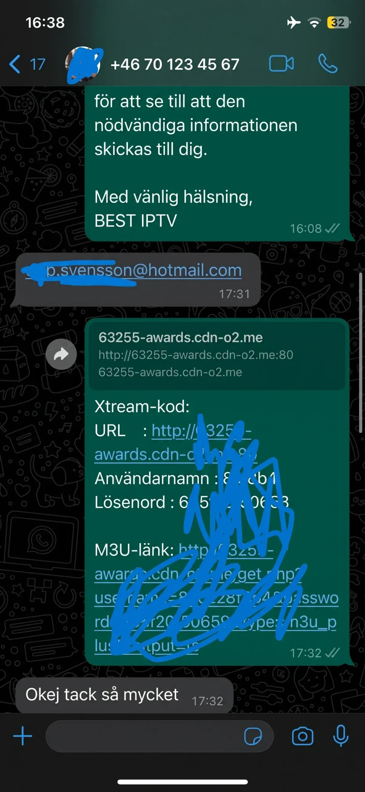 Nordic IPTV levererar Xtream-uppgifter och M3U-länk till kund via WhatsApp