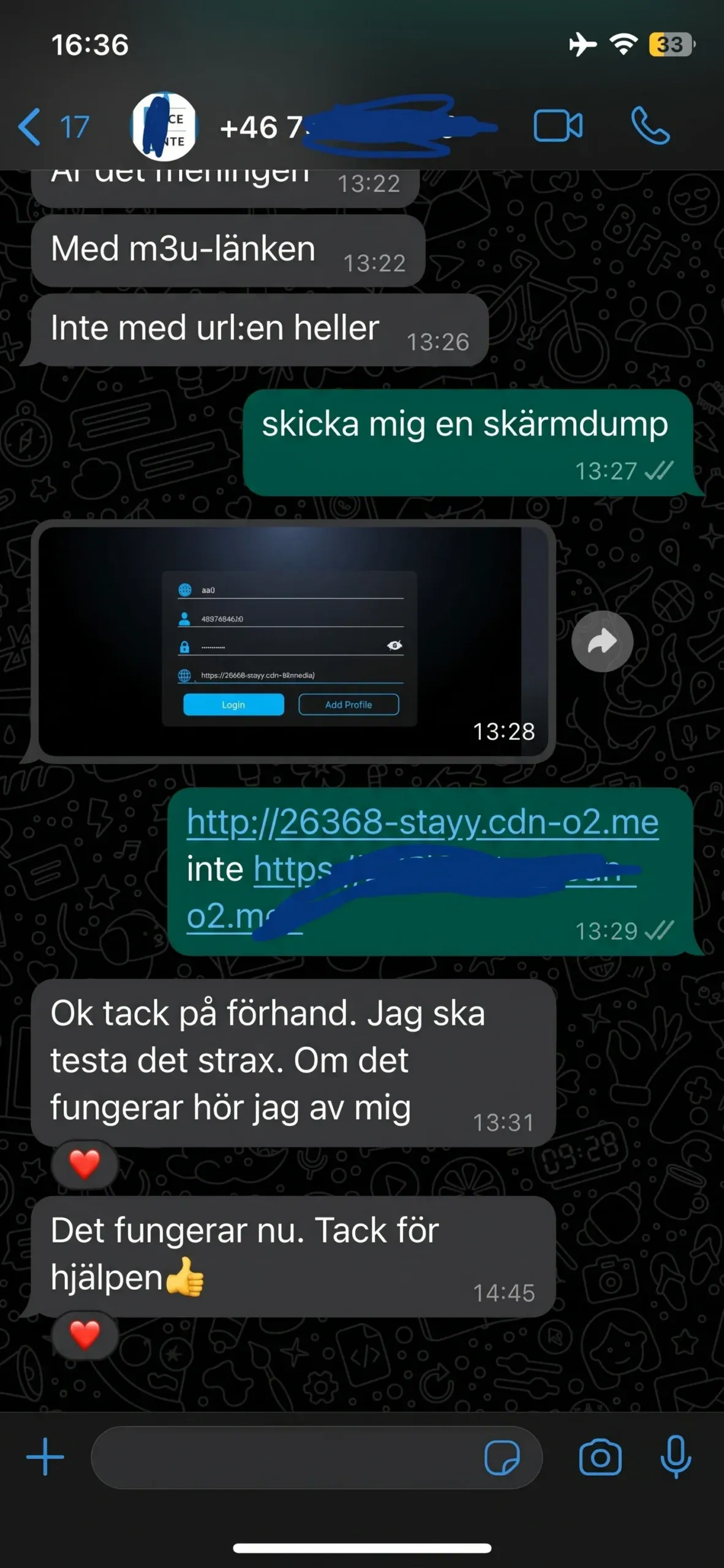 Kund bekräftar att Nordic IPTV fungerar efter hjälp med server-URL