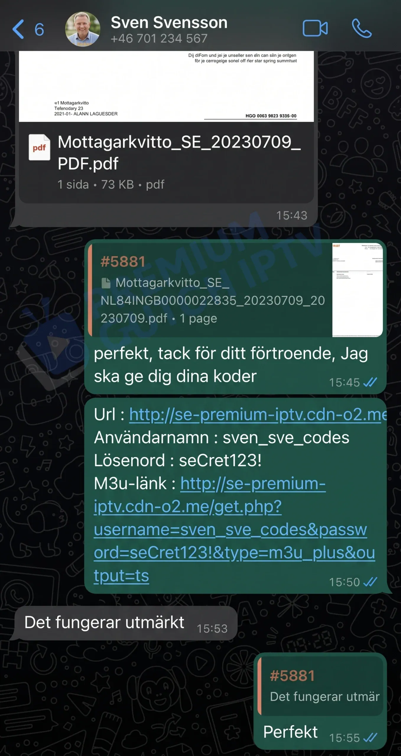 Kund får kvitto och inloggningsuppgifter från Nordic IPTV – Det fungerar utmärkt