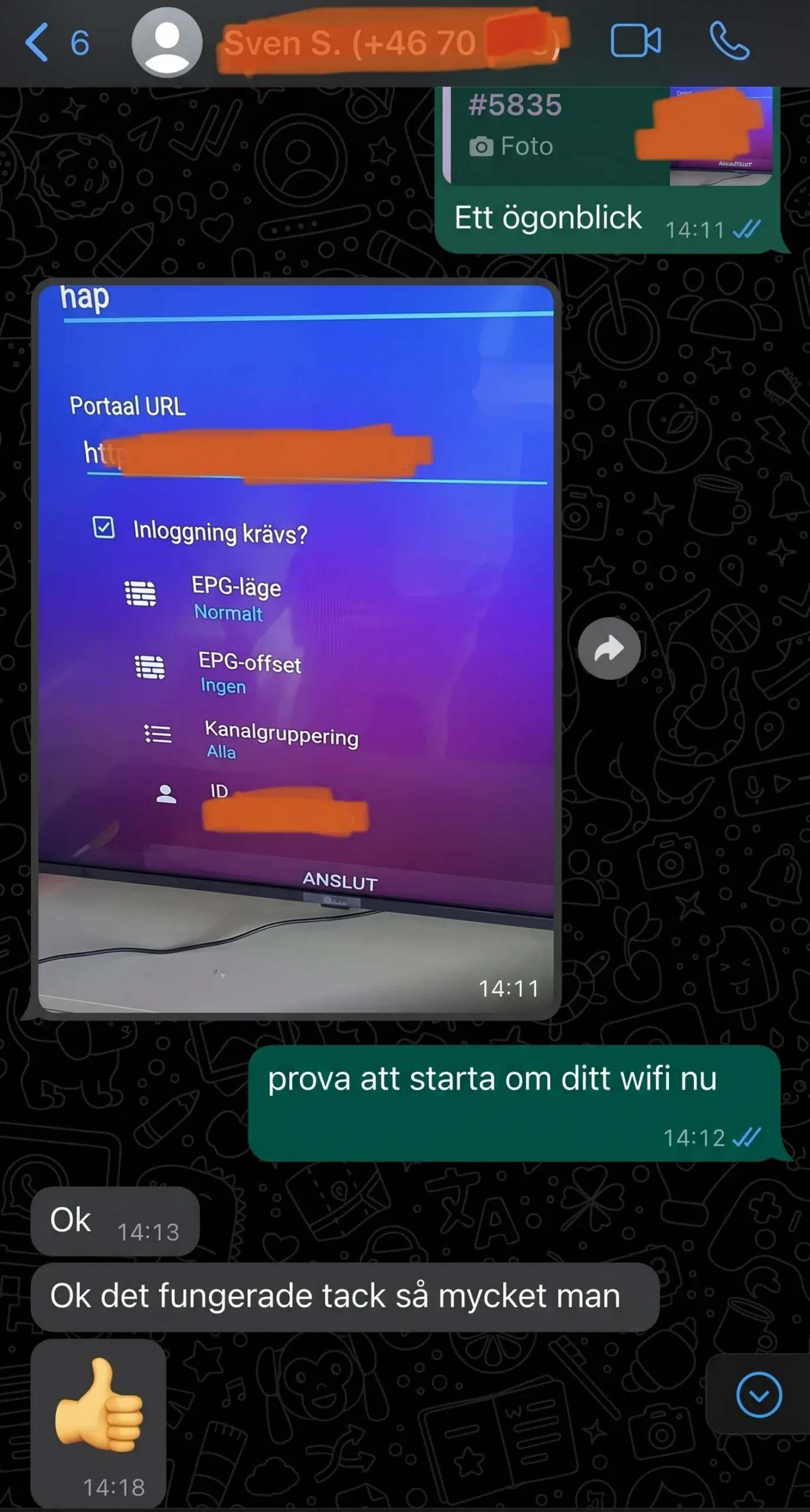 Nordic IPTV-support hjälper kund med portalinställningar – fungerade efter omstart av wifi